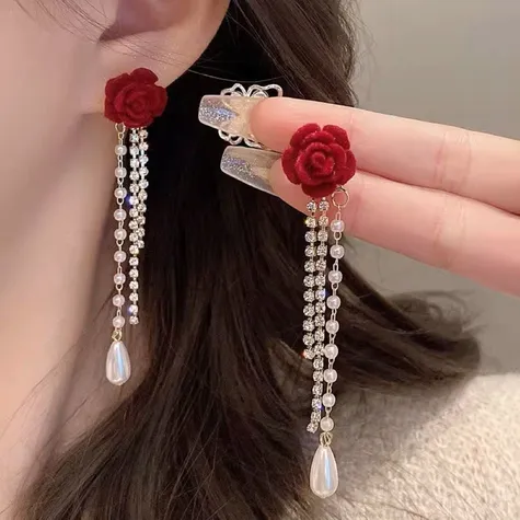 1 pair Velvet Red Rose Tassel Earrings