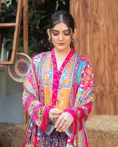 Pakistani Original Rangoon Stitched Silk 3 Pcs _ Blue & Multi 