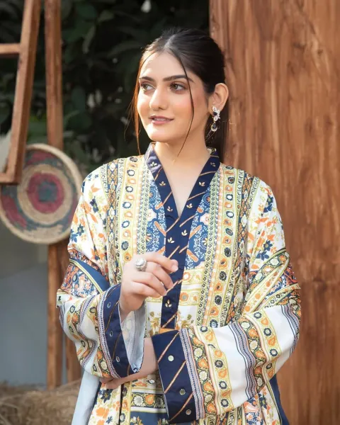 Pakistani Original Rangoon Stitched Silk 3 Pcs _ Navy Blue & Multi 