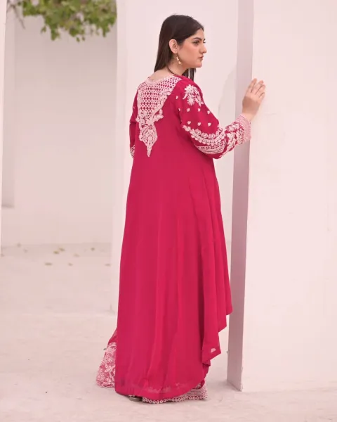 Pakistani Boutique Tail gown Style Chiffon 3Pcs _ Magenta 