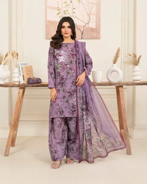 Original Pakistani Textured Lawn with Farshi Salwar. Brand: Sahiba's By Mirza  _ Purple 