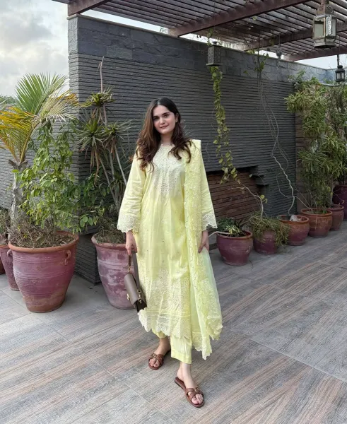 Original Pakistani Boutique Femenite Luxury Cotton Stitched 3Pcs _ Butter Yellow