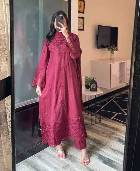 Original Pakistani Boutique Cambric Cotton Stitched 3Pcs _ Dark Maroon 