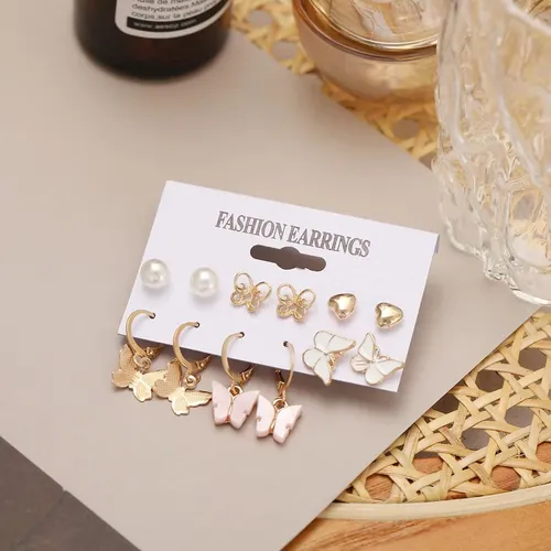 6 Pairs Fashionable Golden Heart Butterfly Earring Set