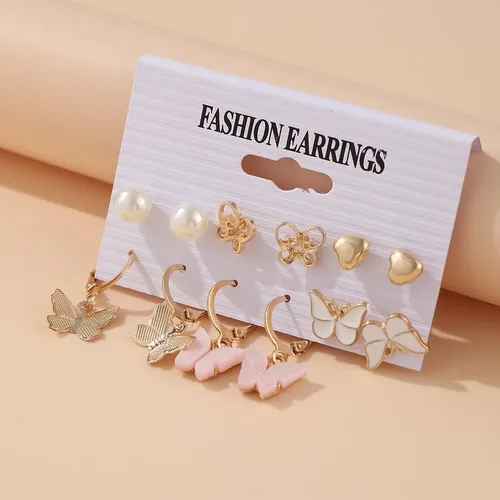 6 Pairs Fashionable Golden Heart Butterfly Earring Set