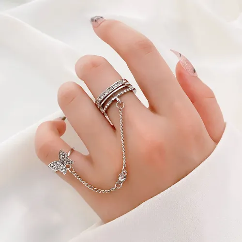 Crystal Butterfly Double Finger Chain Rings