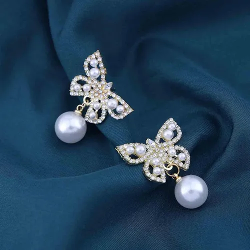 Crystal Butterfly Pearl Earrings 