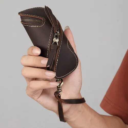  Cowhide Leather Key Bag – Genuine Leather Car Key Waist Pouch with Key Holder Loop