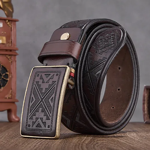 Genuine Cowhide Leather Men’s Business Retro Belt – Hand-Embossed Copper Pin Buckle High-Grade Waistband