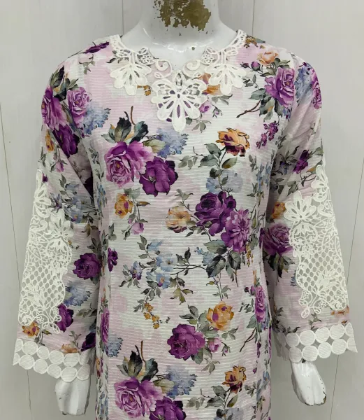 Original Pakistani Textured Lawn with Farshi Salwar. Brand: Sahiba's By Mirza  _ Off White & Purple 