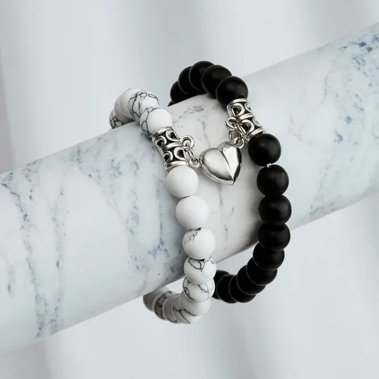 Black & White Megnetic Couple Beaded Bracelet Set 