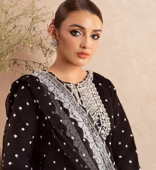 Pakistani Original Rangoon Luxury Chiffon Long Garara Stitched 3 Pcs _ Black 