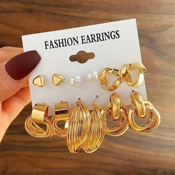 6 Pairs Geometric Metallic Design Earrings Set
