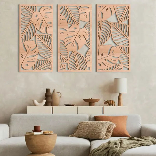 Boho Tropical Leaf Wooden Art Decor,3 Pcs Abstract Leaves Wall Art