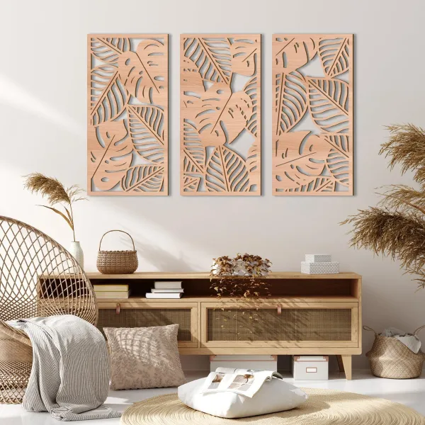 Boho Tropical Leaf Wooden Art Decor,3 Pcs Abstract Leaves Wall Art