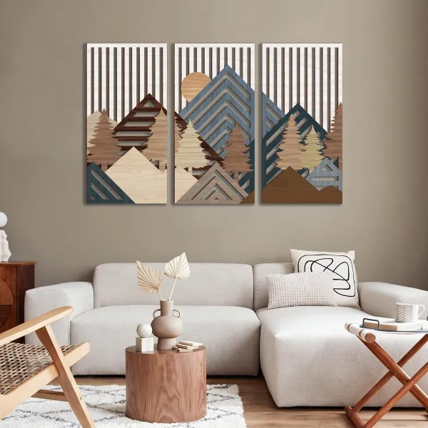 Abstract Mountain Wood Wall Art Large geometric Forest Pine Trees Wooden Wall Decor Boho Sun Nature Landscape Wall Decor