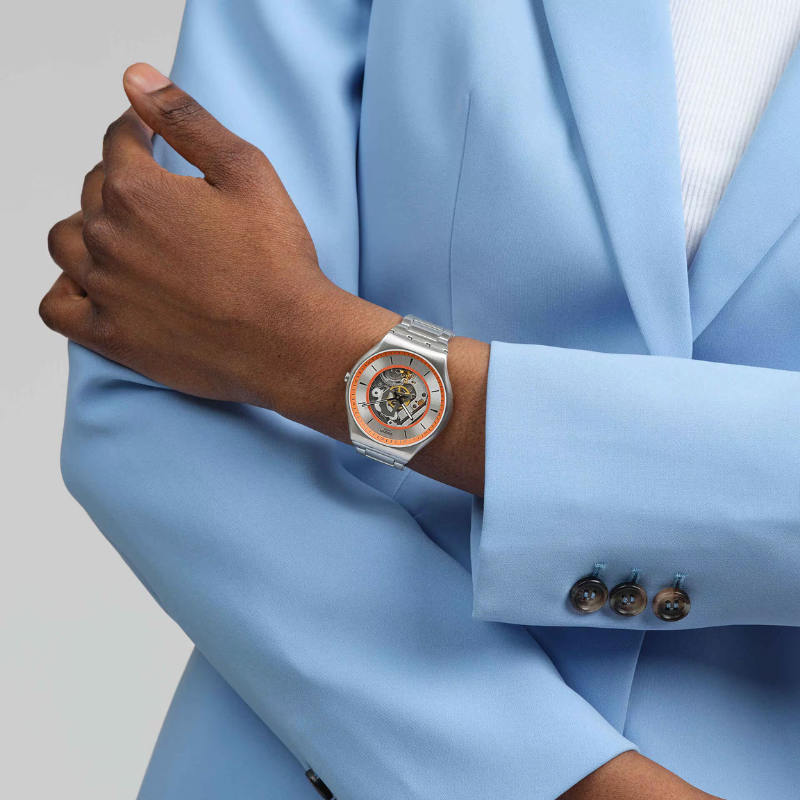 Swatch THE ESSENCE OF SPRING (42mm) Silver and Orange Open Dial Watch